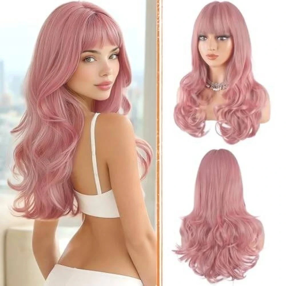 Long Wavy Pink Wig with Bangs Synthetic Heat Resistant Pastel Rose Cosplay Hair‎